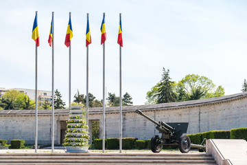 Romanian Flags And Cannon At The Mausoleum Of Romanian Heroes