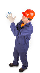 Worker in red protective helmet. 