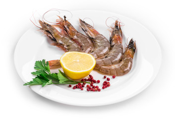 Raw tiger shrimps on plate
