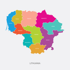 LITHUANIA MAP regions colored flat design counties states