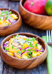 vegetarian salad with mango oranges and red onion on the wooden