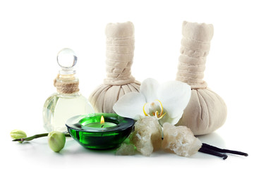 Composition with massage bags, sea salt and orchid flower, isolated on white