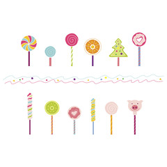 Lollipops flat illustration for holiday design. Sweetie elements set. Love concept. Vector sweet illustrations. Bright sweet color. Top view. Sweet Dessert. Candy drawings.