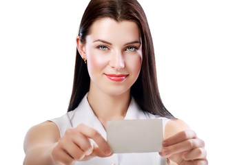 woman holds card