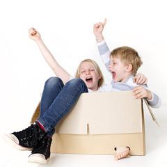 Kids play with moving box