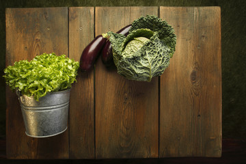 Fresh vegetables at a picnic table background