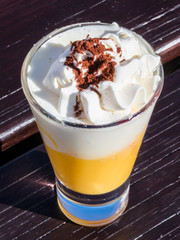 liqueur with whipped cream and cocoa powder, eggnog
