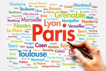 List of cities in France. Paris word cloud concept