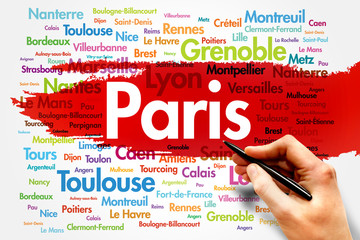 List of cities in France. Paris word cloud concept