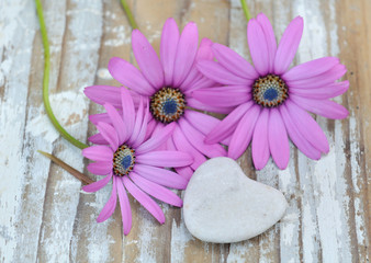 galet en forme de cœur et fleurs sur bois 