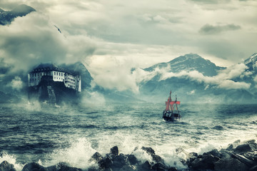 Mystical landscape with peaks of mountains and the sea. - obrazy, fototapety, plakaty