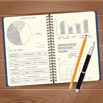 Note pad with diagrams and charts in skechi style with pen and p