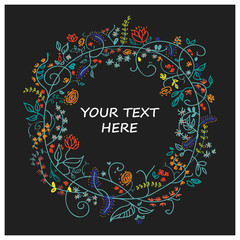 Circular floral wreaths with summer flowers and space for text