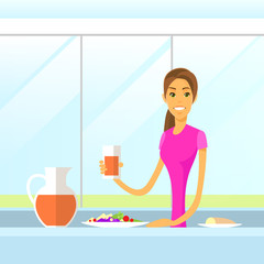 Woman Drink Juice Sitting at Kitchen Morning Having