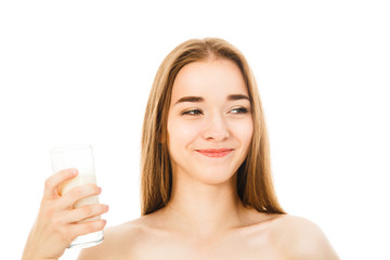 beautiful woman drinks milk