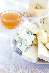 Different varieties of cheese with honey and nuts