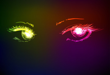 Vector illustration. Women's eyes. Neon sketch.