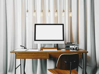 Classic workspace with white blinds on the background. 3D