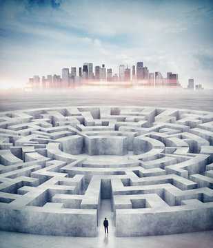Businessman in maze and city on horizon. 3d rendering