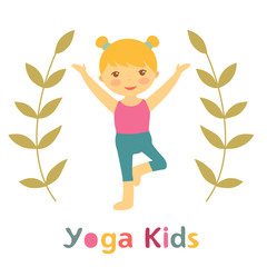 Cute yoga kids card with little girl doing yoga