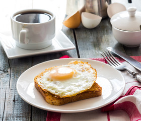 crispy toast with a fried egg and a cup of coffee. breakfast