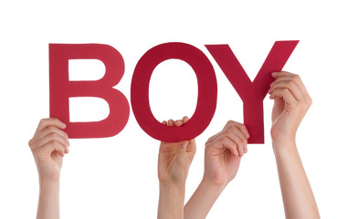 Many People Hands Holding Red Straight Word Boy 