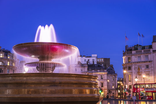 A fountain in Trafalgar square, London, taken in Spring.