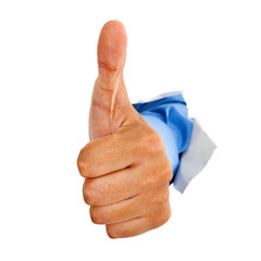 Male hand with thumb up isolated with white background