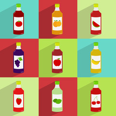 Nine colorful juice bottles 