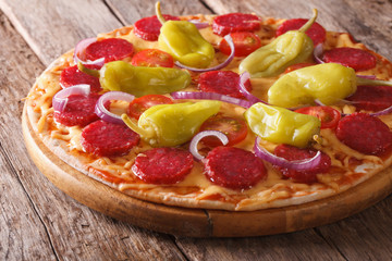 pizza with salami, pepperoni peppers on table horizontal
