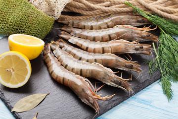 Fresh raw tiger prawns and fishing equipment