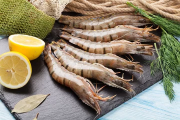Gordijnen Fresh raw tiger prawns and fishing equipment © evgeeenius