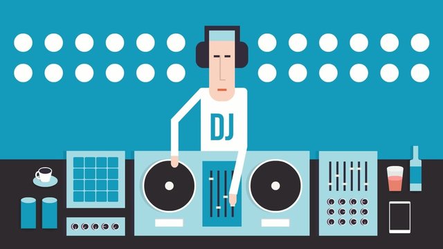 DJ and his equipment, dance music, flat design, blue background