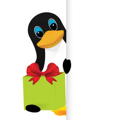 Penguin with gift in hand outstretched around the corner