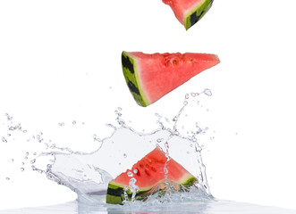 Fresh water melon in water splash on white