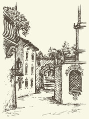 Palace of medieval monastery. Vector landscape