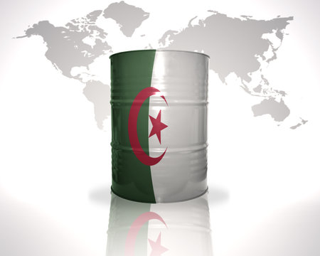 barrel with algerian flag on the world map background