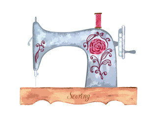 Vintage sewing machine isolated on white, watercolor