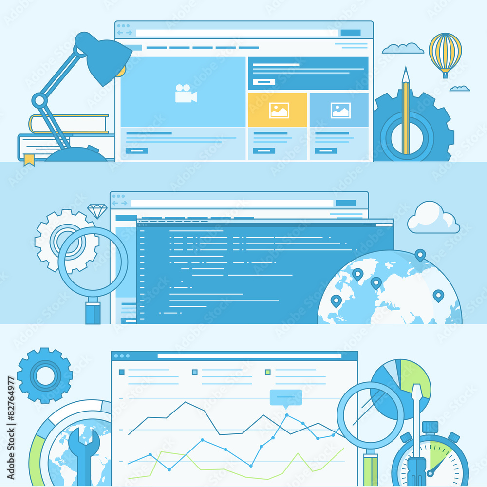 Wall mural set of line concept banners for web design and development