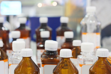 Laboratory equipment. Bottles of chemicals in the laboratory