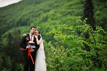 wedding couple stay on hill of carpathian mountain