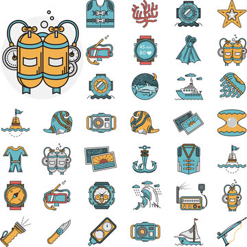 Diving flat icons vector collection