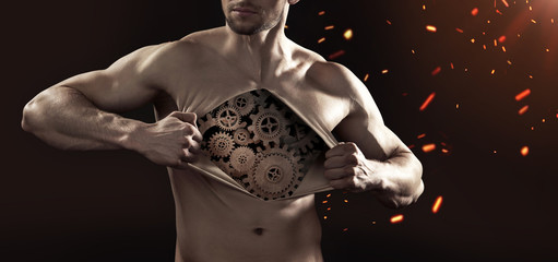 Human robot tearing up his chest skin