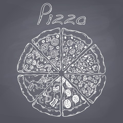 Set of different slices of pizza in vector. Chalk style  - 82769129