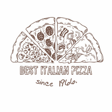 Half of pizza with different slices. Sketched illustration