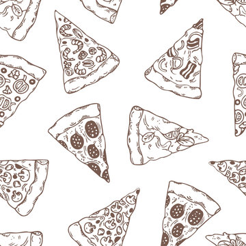 Hand drawn slices of pizza outline seamless pattern