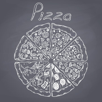 Set of different slices of pizza in vector. Chalk style 