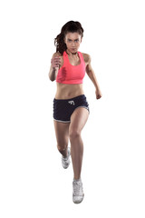 running sexy woman isolated on white background, front view