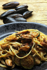 Spaghetti with zucchini y cozze Italian cuisine Cucina italiana 