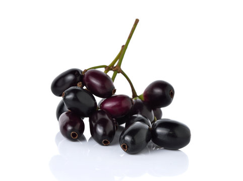 Jambolan plum or Java plum with stem on white background
